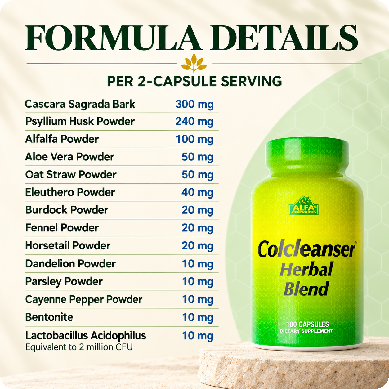 Colcleanser Herbal Blend formula details per 2-capsule serving.