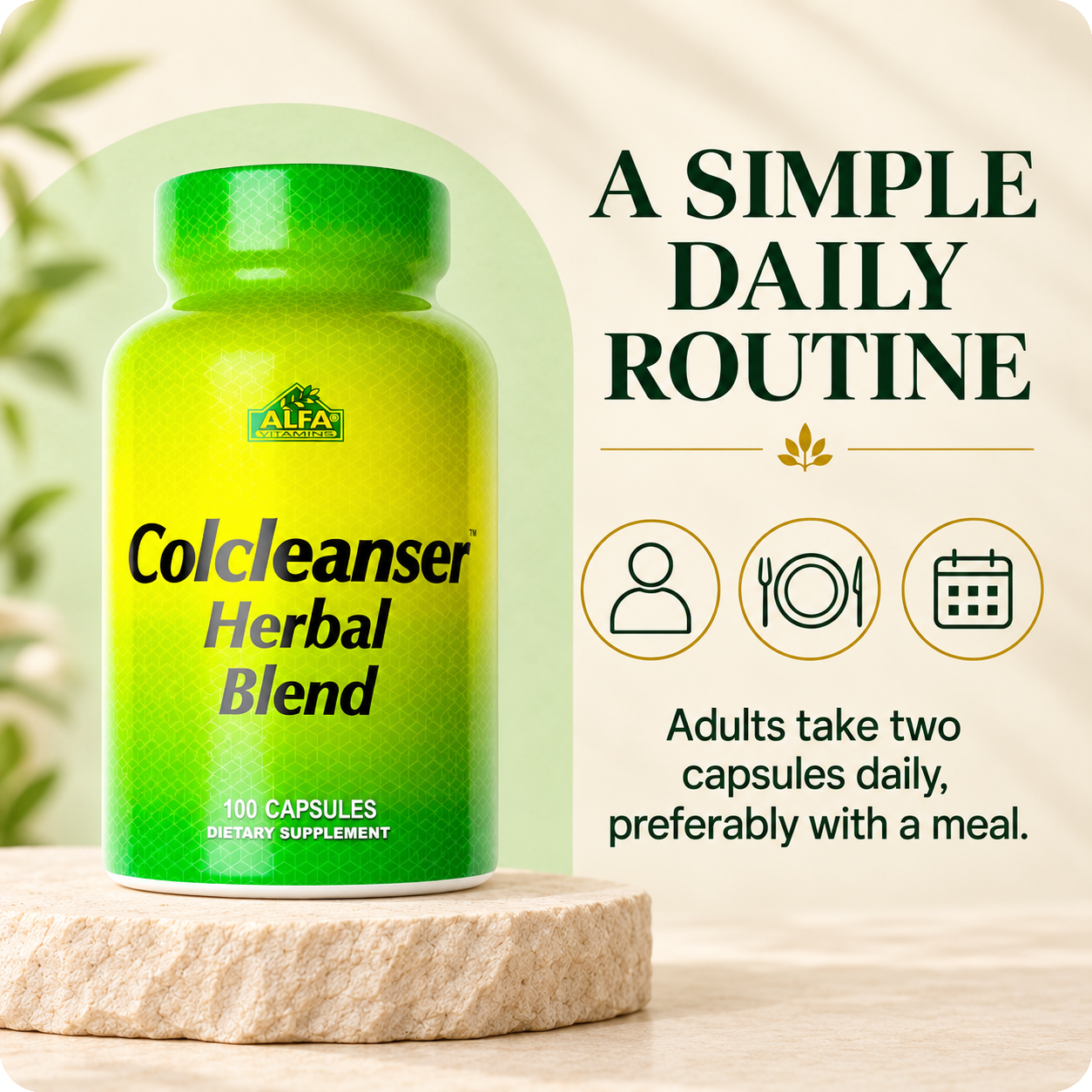 Colcleanser suggested use: adults take two capsules daily, preferably with a meal.