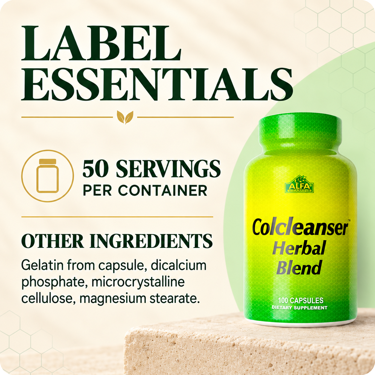 Colcleanser label essentials: 50 servings and other ingredients.