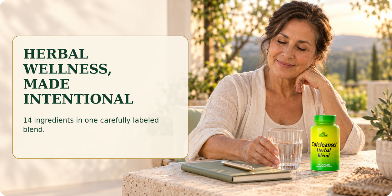 Alfa Vitamins Colcleanser Herbal Blend in an intentional everyday wellness routine.