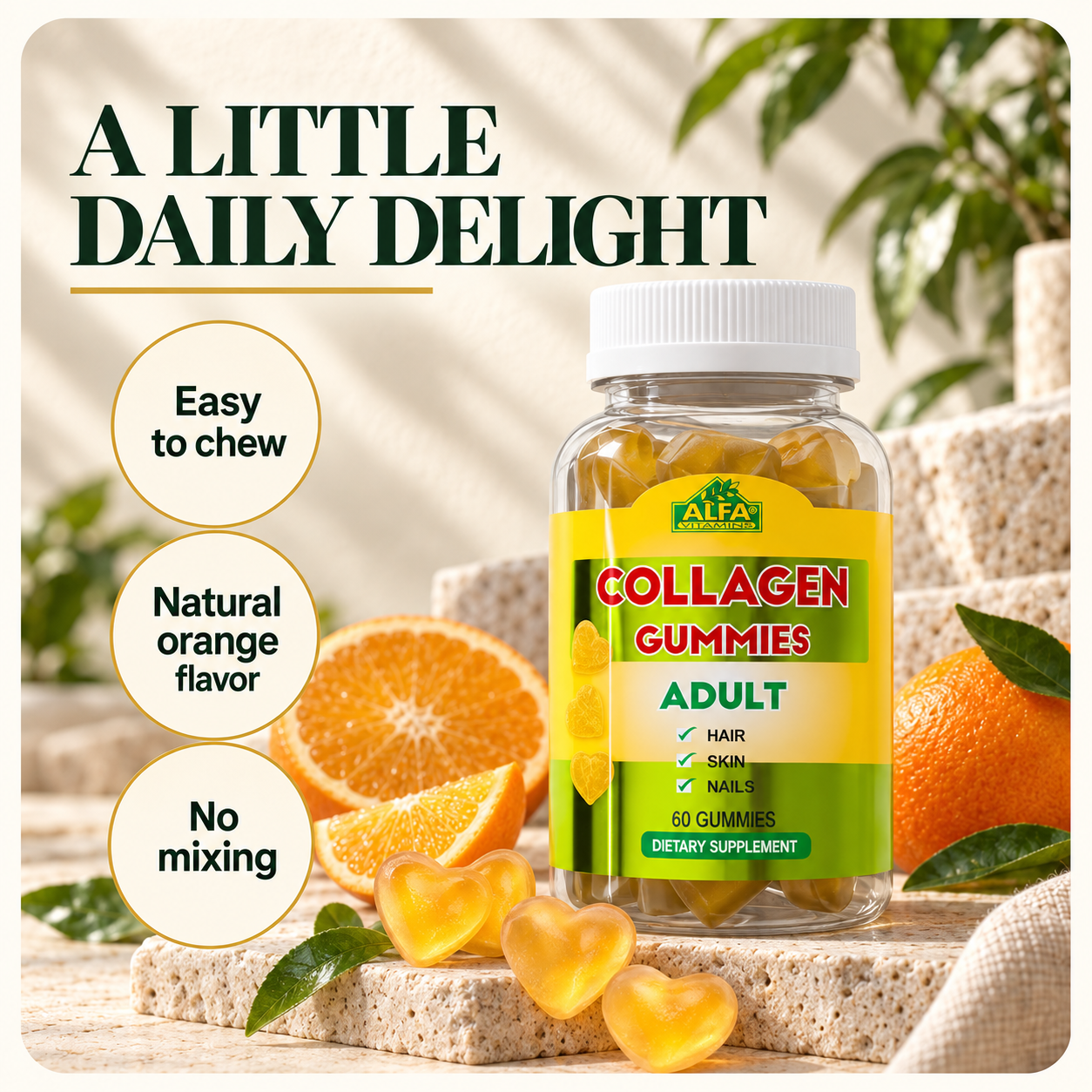 Alfa Vitamins Collagen Gummies, natural orange flavor — benefits.