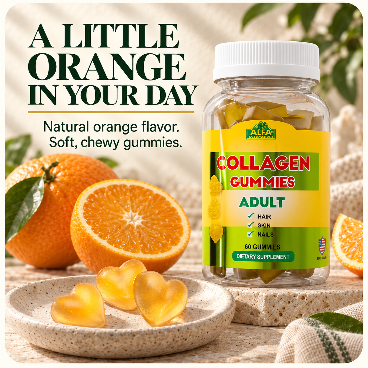 Alfa Vitamins Collagen Gummies, natural orange flavor — format.