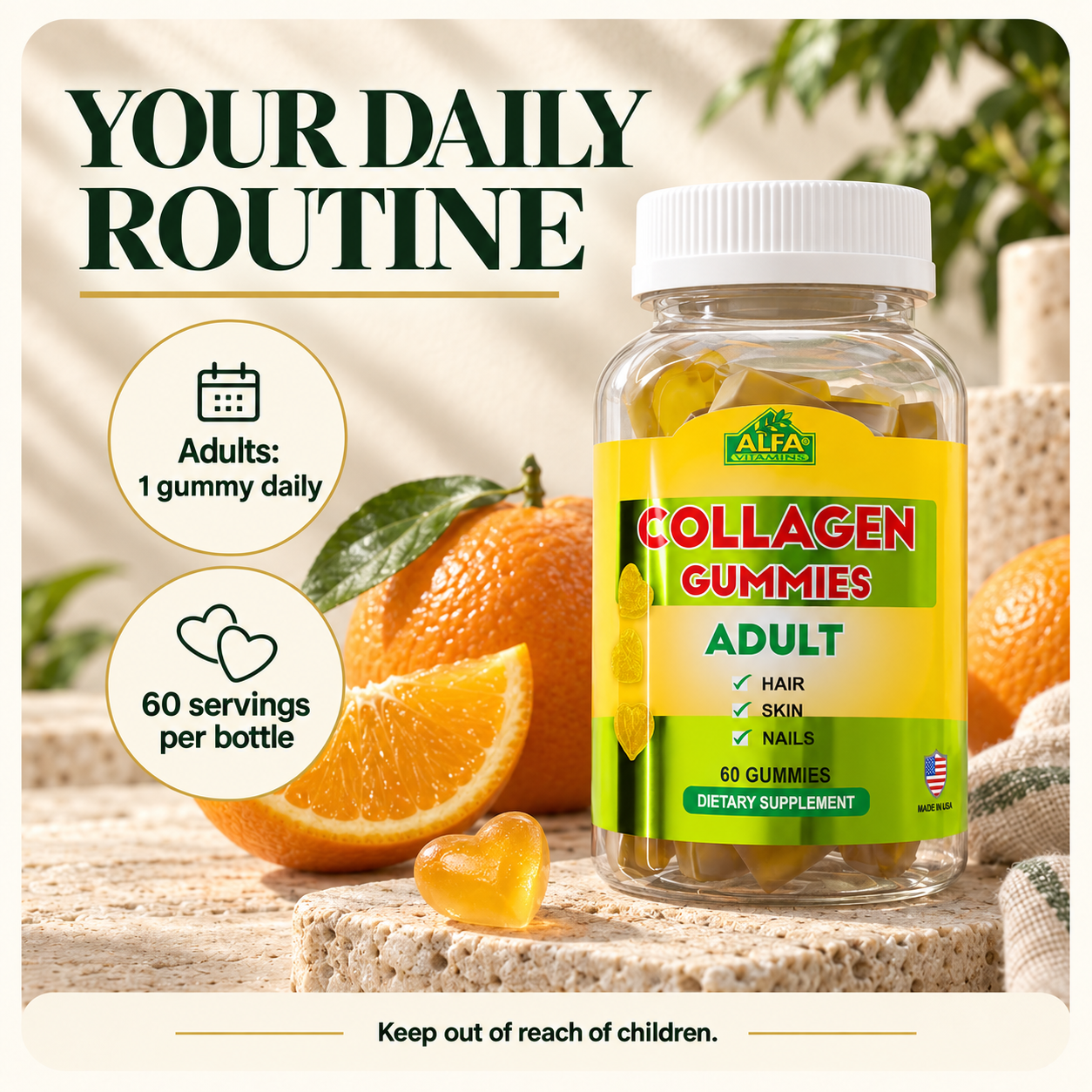 Alfa Vitamins Collagen Gummies, natural orange flavor — routine.