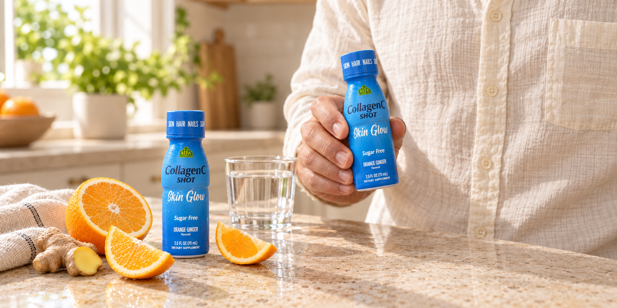 Alfa CollagenC Shot with orange and ginger — hand holding a shot beside a kitchen counter.