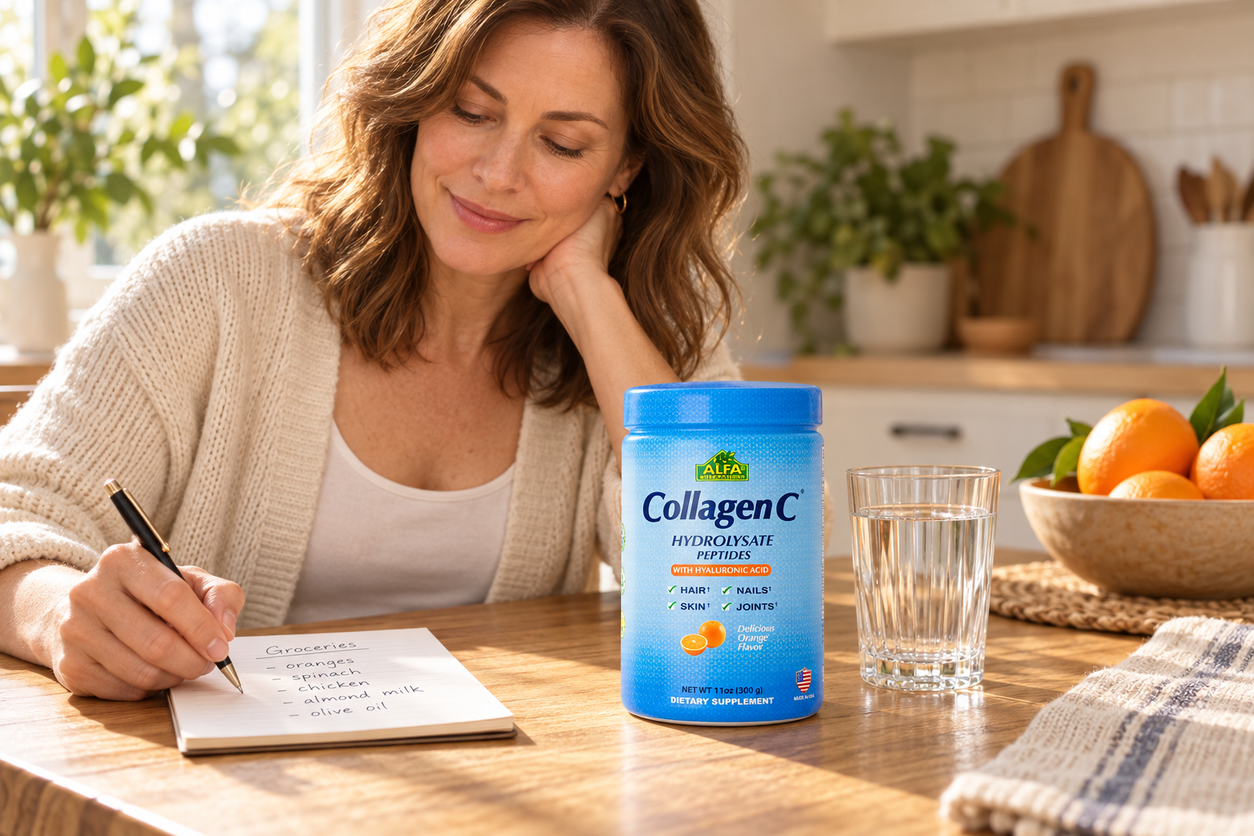 CollagenC orange-flavored powder in an 11 oz (300 g) jar — natural lifestyle photograph