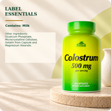 Colostrum existing label essentials, including milk allergen.
