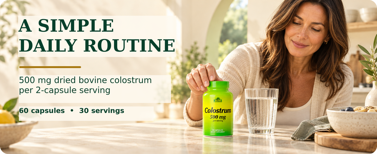 Adult adding Alfa Vitamins Colostrum to a simple morning routine