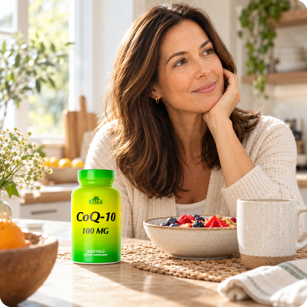 Alfa CoQ-10 bottle in a natural breakfast setting