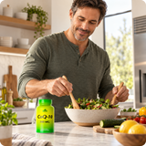 Alfa CoQ-10 bottle in a natural meal preparation setting