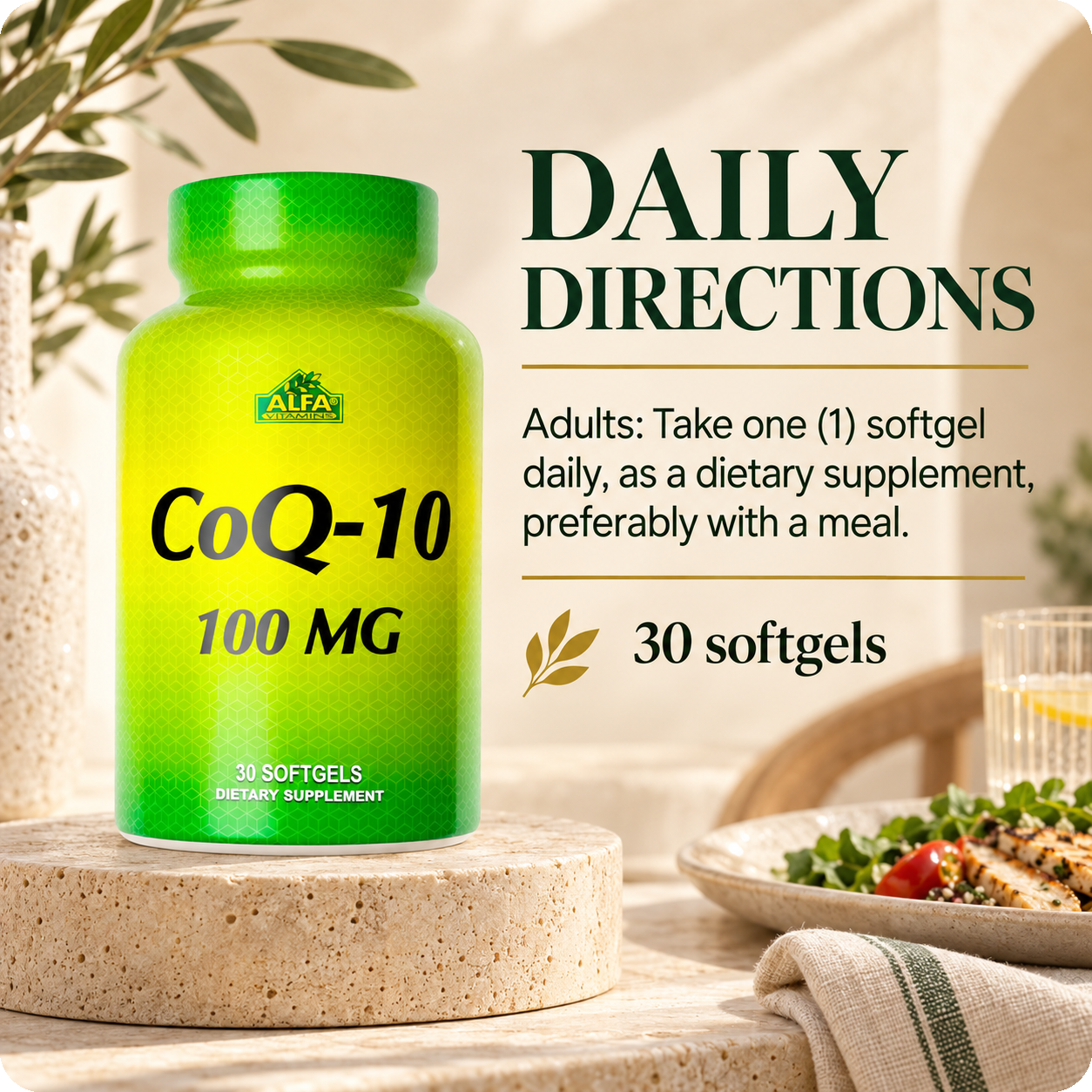 CoQ-10 directions: one softgel daily, preferably with a meal