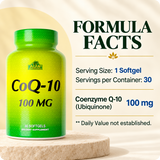 CoQ-10 formula panel showing one-softgel serving and 100 mg ubiquinone