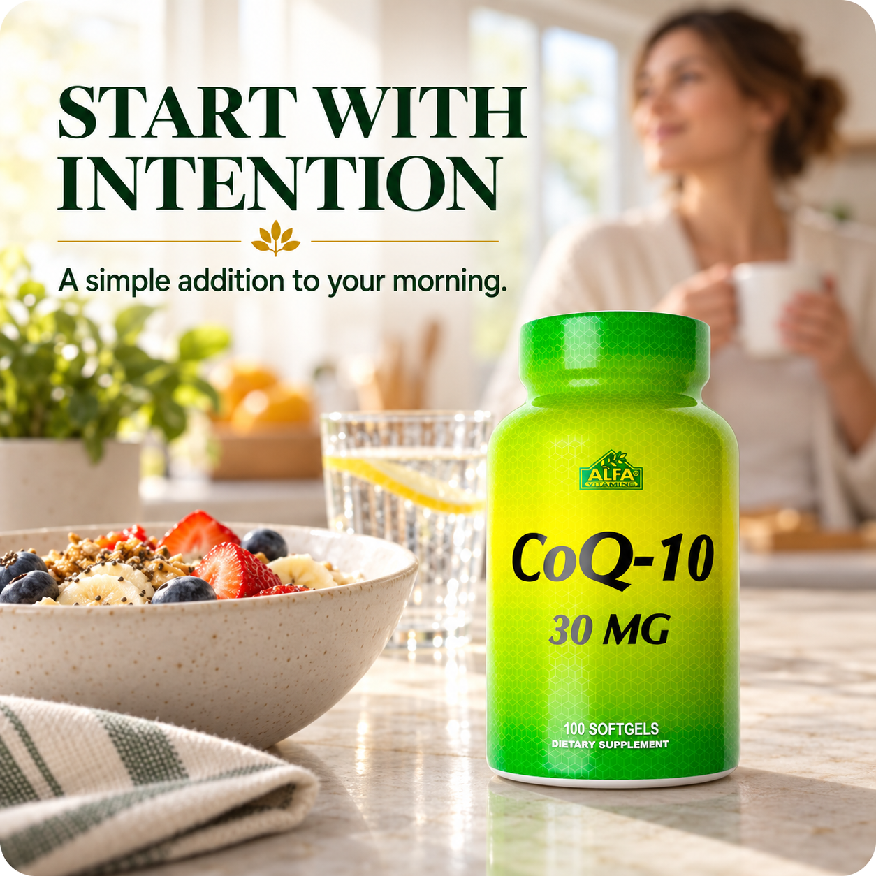 Alfa CoQ-10 bottle in a natural morning setting