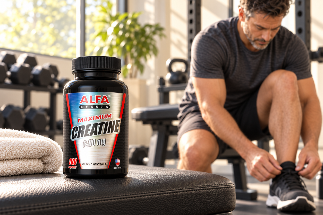 Alfa Sports Creatine bottle in a warm natural exercise setting