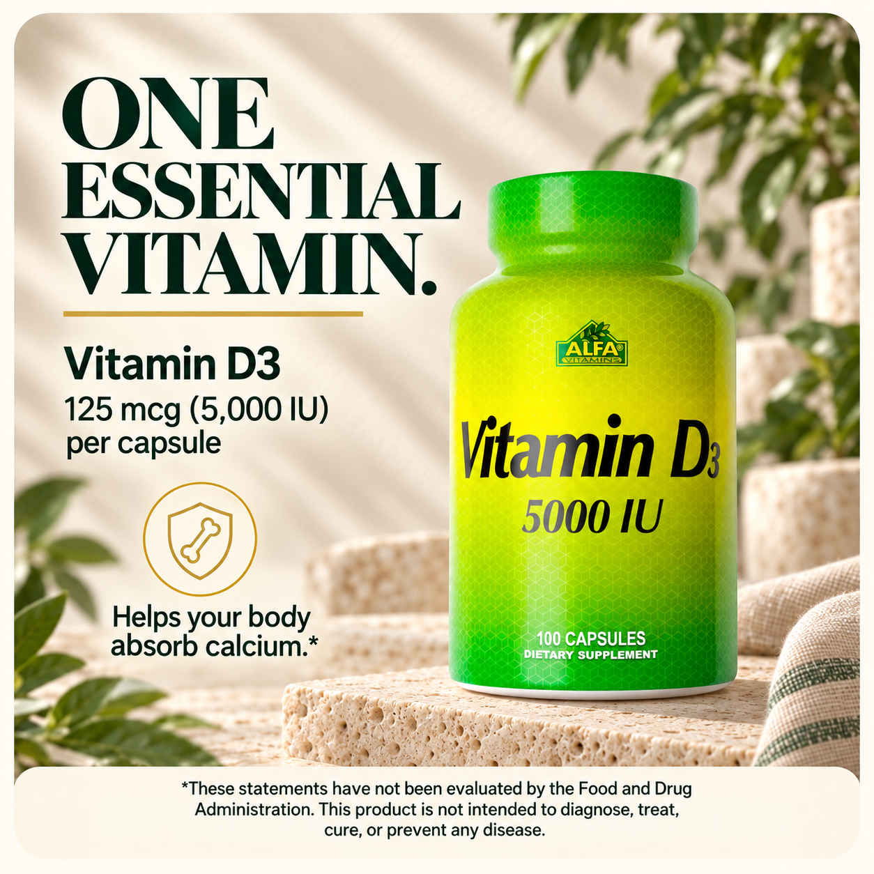 125 mcg (5,000 IU) of vitamin D3 per capsule