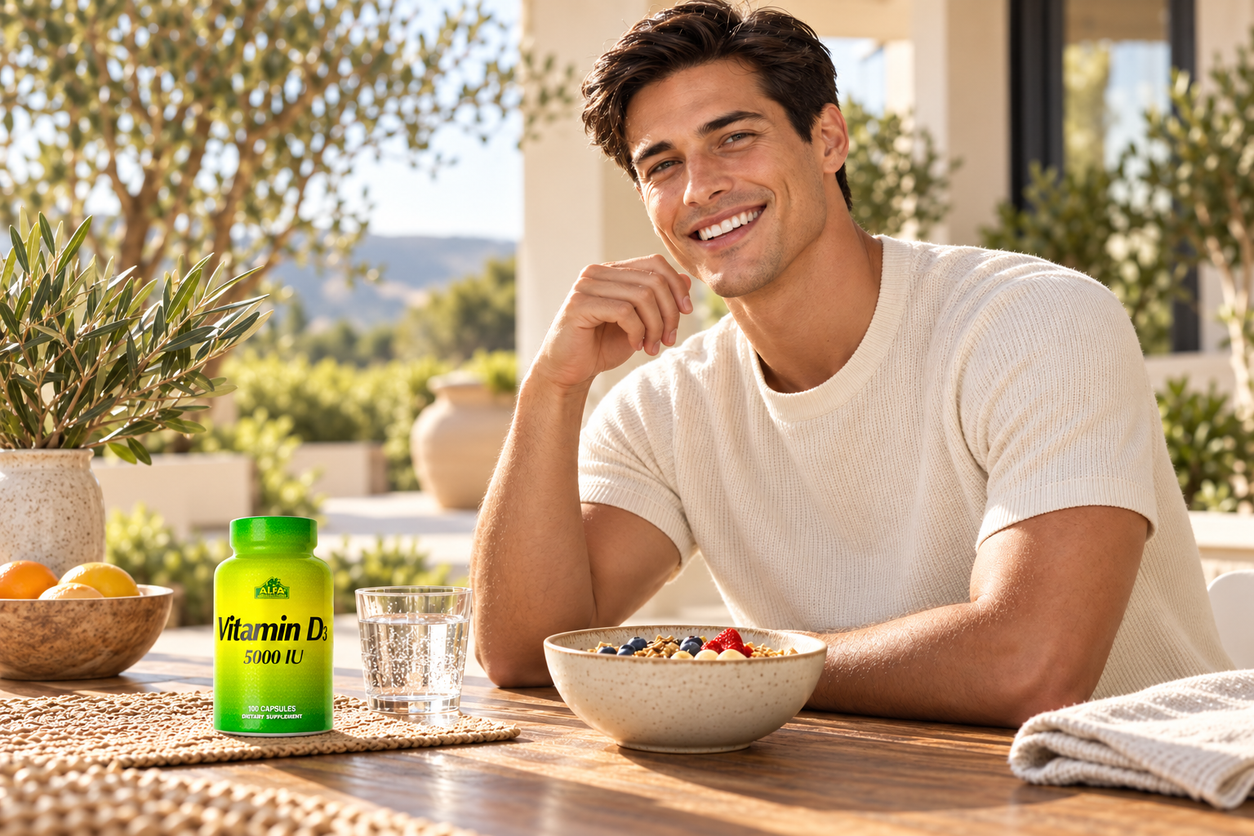 A man enjoying breakfast on a shaded balcony with Alfa Vitamin D3 on the table
