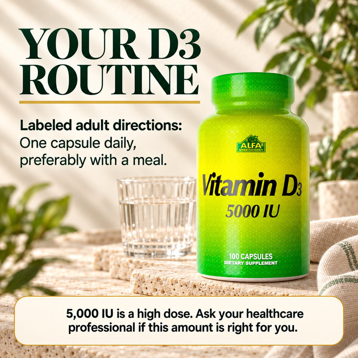 Vitamin D3 labeled directions and high-dose guidance