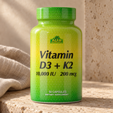 Close-up of Alfa Vitamins D3 + K2 packaging on textured stone