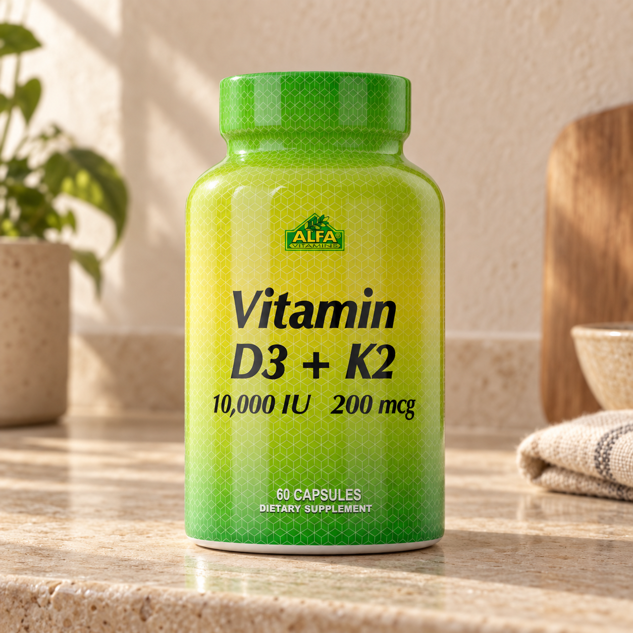 Vitamin D3 + K2 10,000 IU & 200 mcg – 60 Capsules