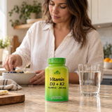 Alfa Vitamins D3 + K2 on a kitchen counter during breakfast