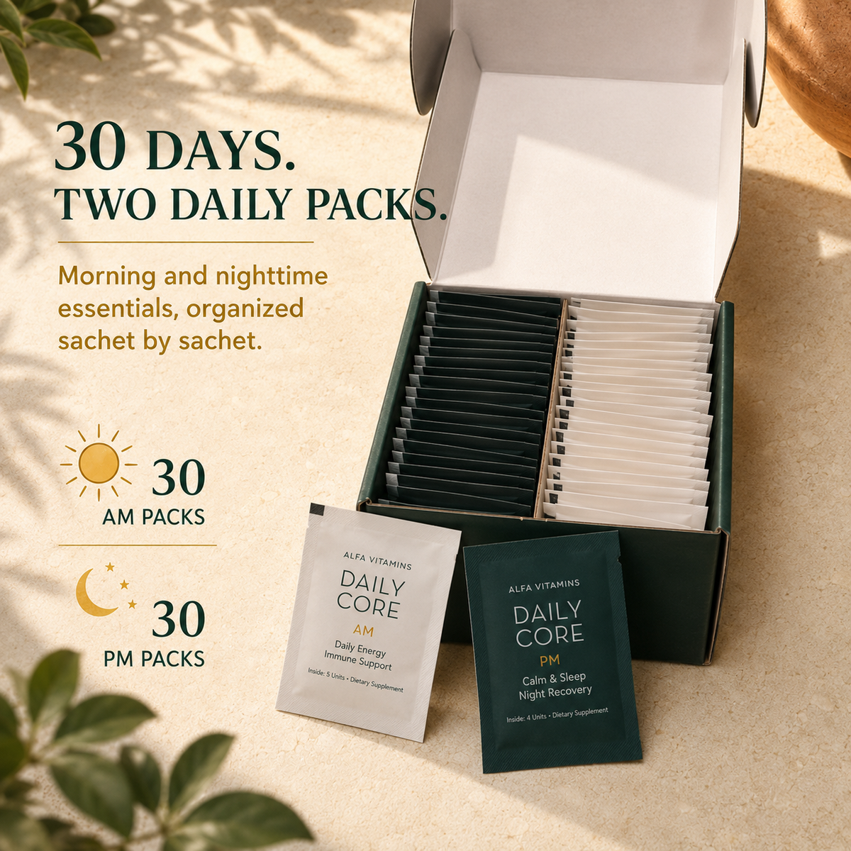 Daily Core box with 30 AM packs and 30 PM packs