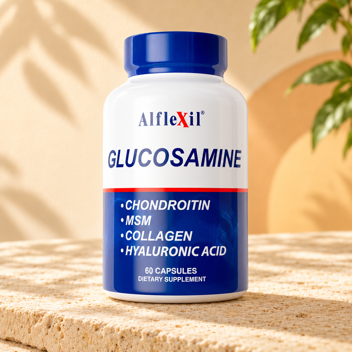 Alflexil Glucosamine 60 Capsules on warm travertine