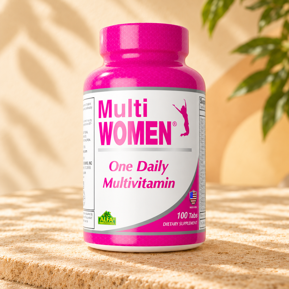 Alfa Multi Women One Daily Multivitamin 100 tablets in warm sunlight on travertine