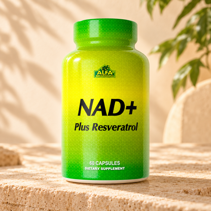 Alfa NAD+ Plus Resveratrol 60 capsules in warm sunlight on travertine