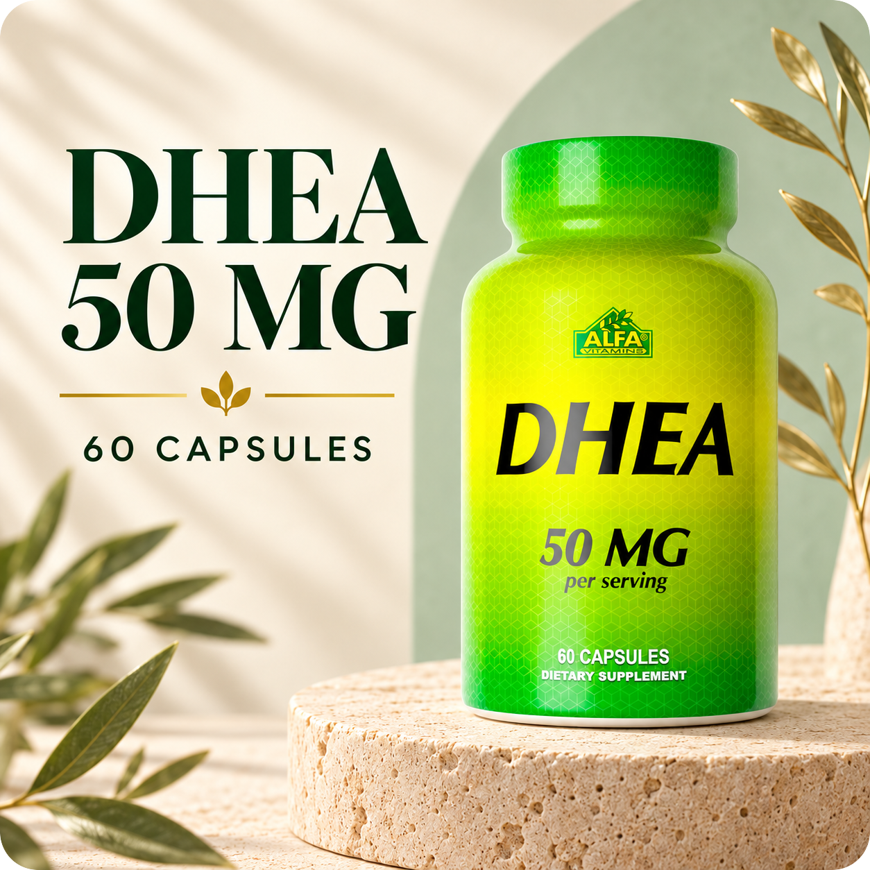 DHEA 50 mg — verified 60-capsule product overview.