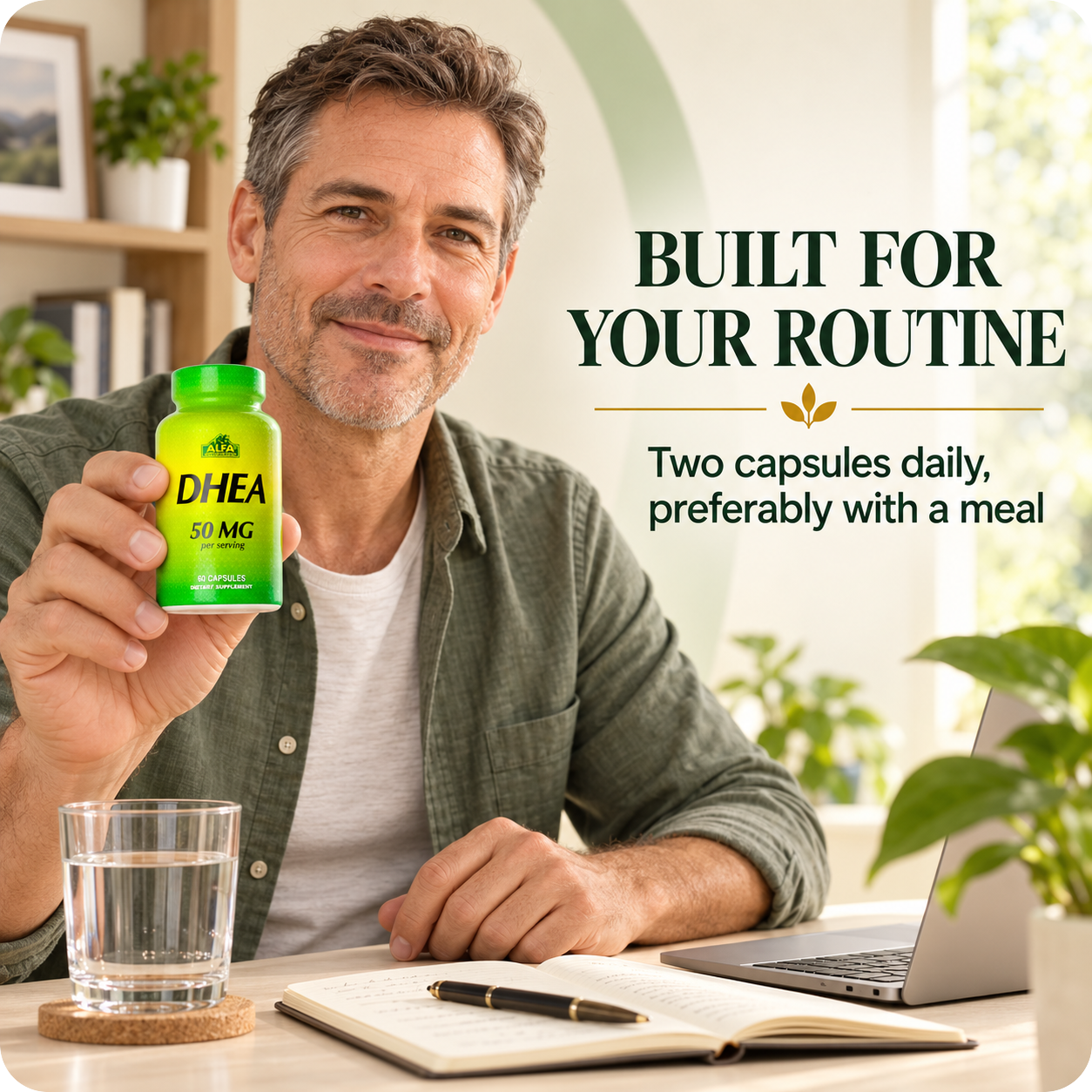 Adult with Alfa DHEA during a natural workday routine.