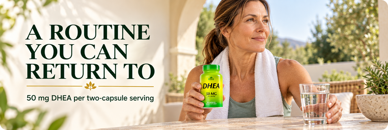 Adult holding Alfa Vitamins DHEA beside a glass of water as part of a daily routine.