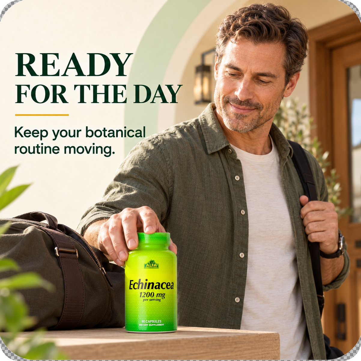 Man holding Alfa Vitamins Echinacea during a porch routine.