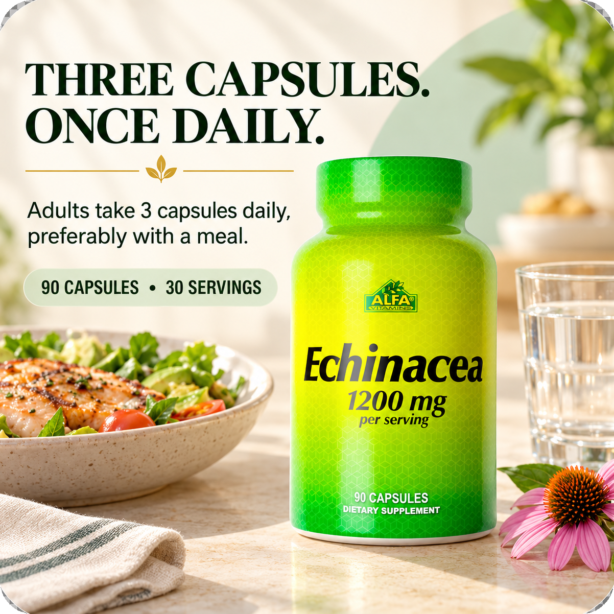 Echinacea directions: three capsules once daily, preferably with a meal.