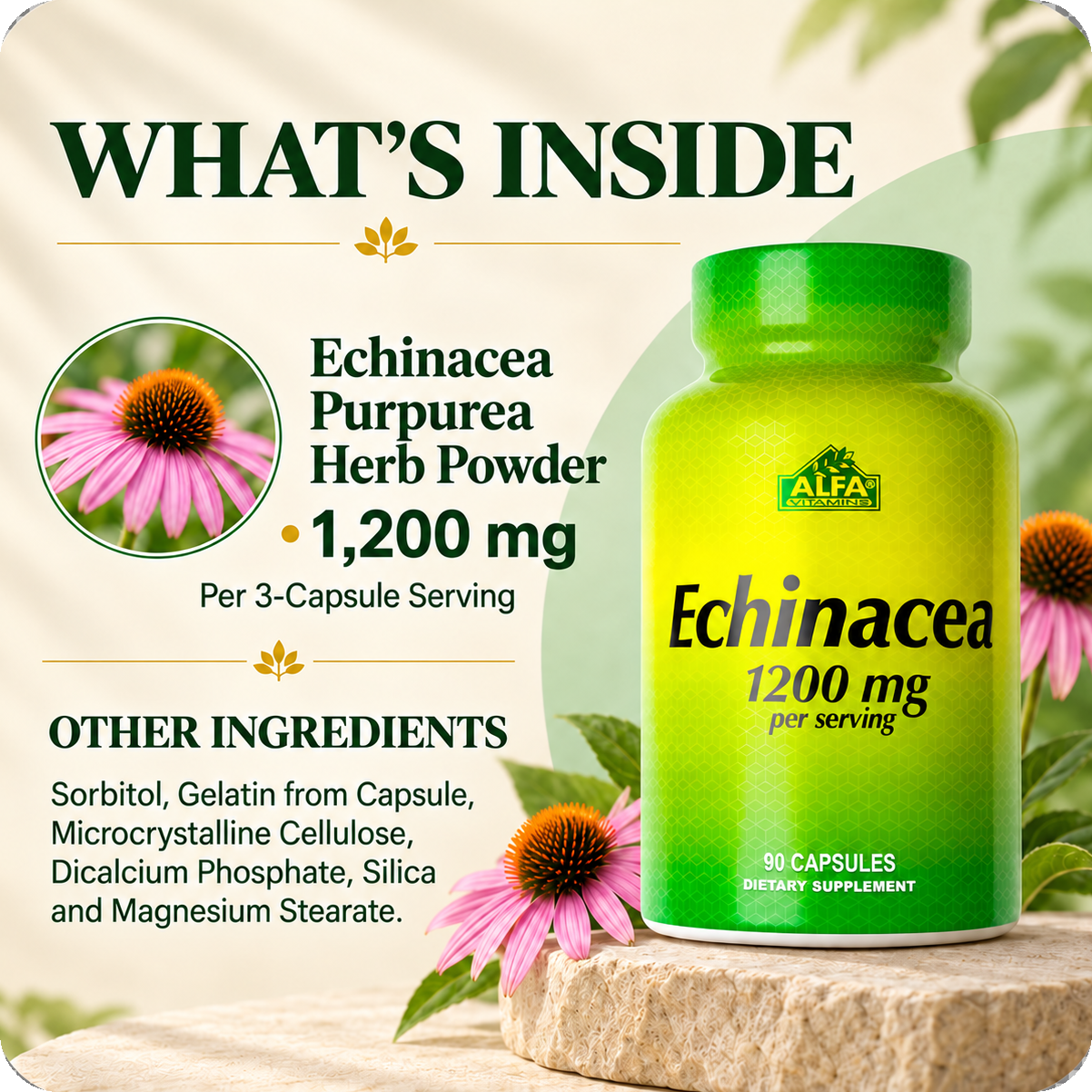Verified Echinacea label details for 90 capsules and 30 servings.