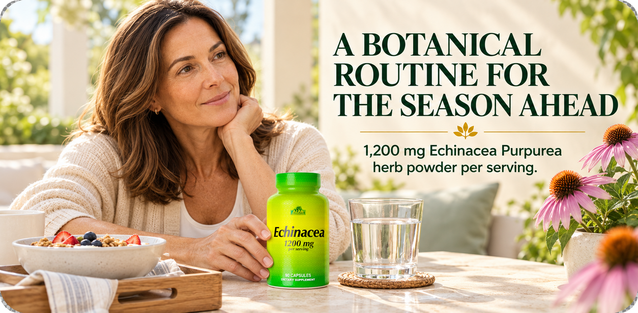 Woman with Alfa Vitamins Echinacea in a bright daily routine setting