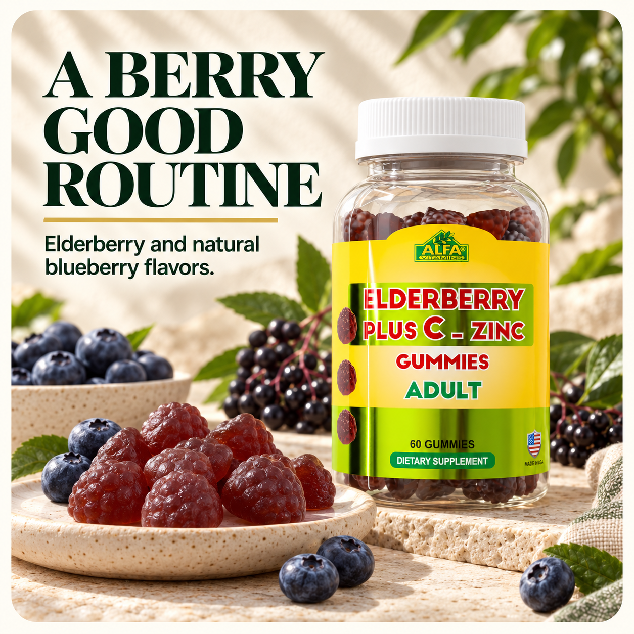 Alfa Vitamins Elderberry plus C and Zinc Gummies — format.
