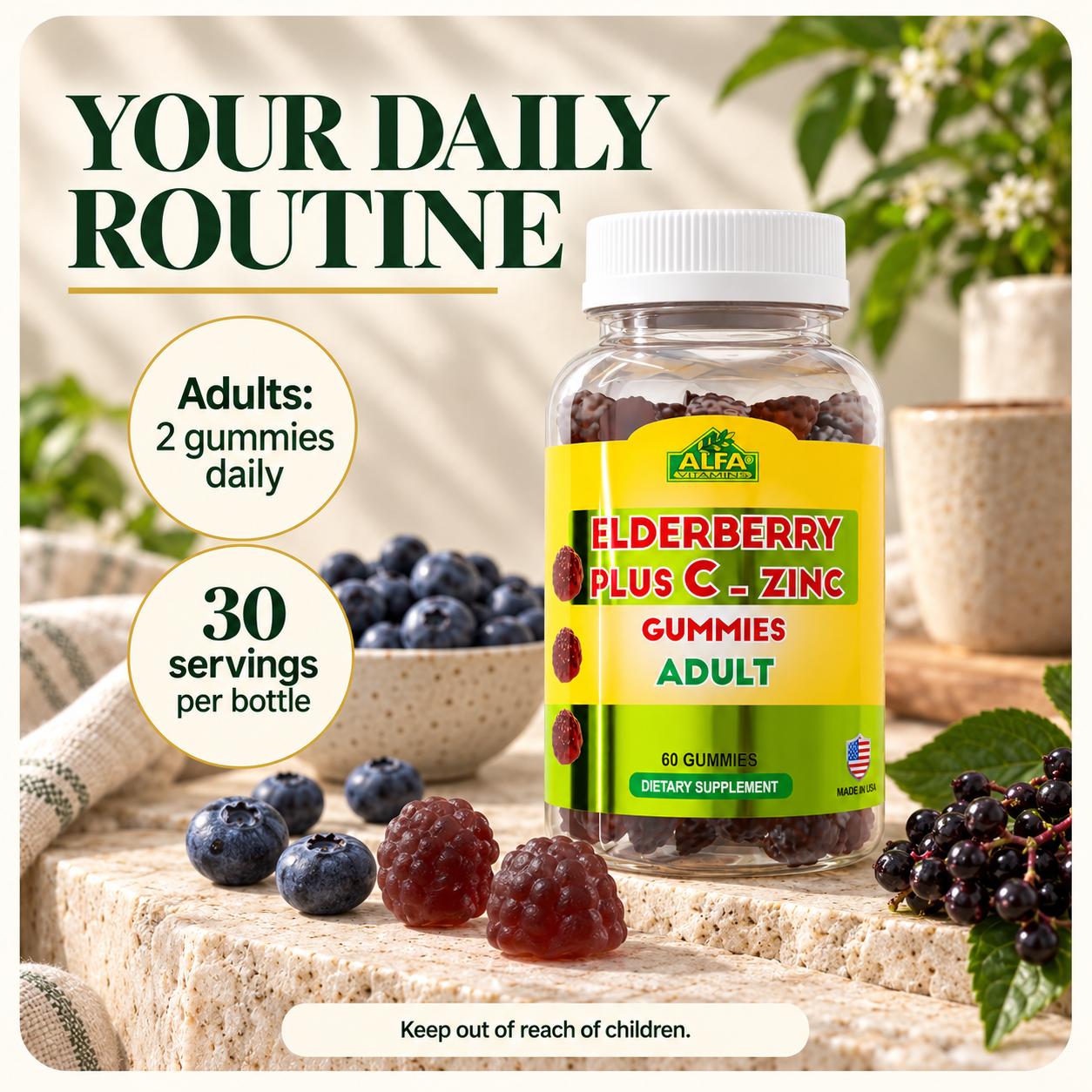 Alfa Vitamins Elderberry plus C and Zinc Gummies — routine.