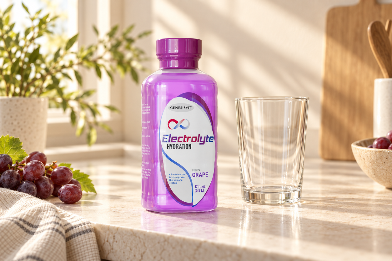 Genesisvit® Electrolyte Solution 16.9 fl oz each - 12 Pack (Grape) in a warm naturally lit setting