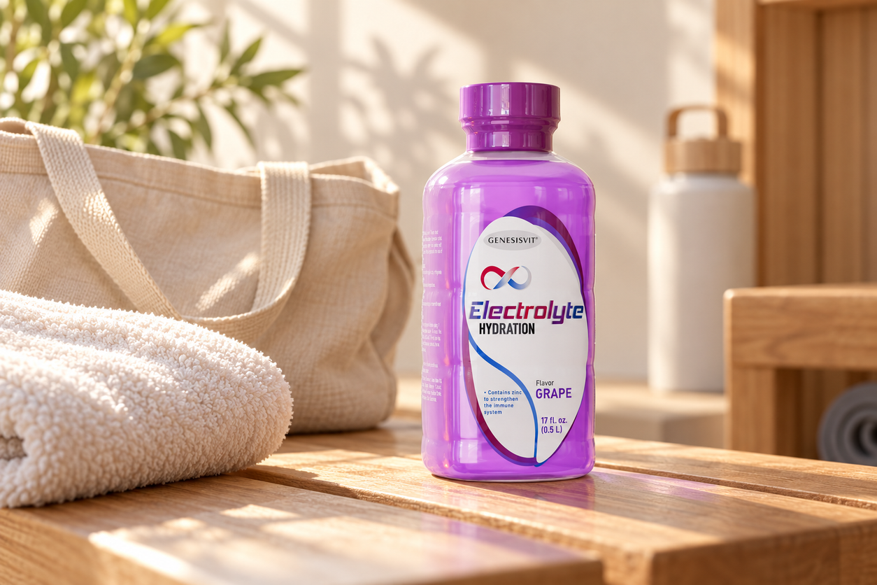 Genesisvit® Electrolyte Solution 16.9 fl oz each - 12 Pack (Grape) in a warm naturally lit setting