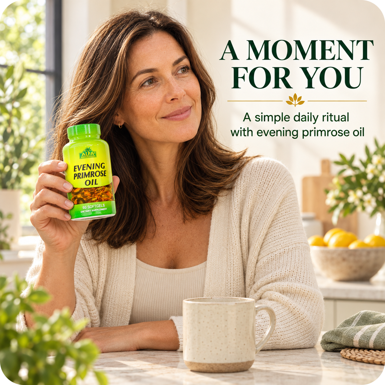 Woman holding Alfa Vitamins Evening Primrose Oil during a simple daily routine.