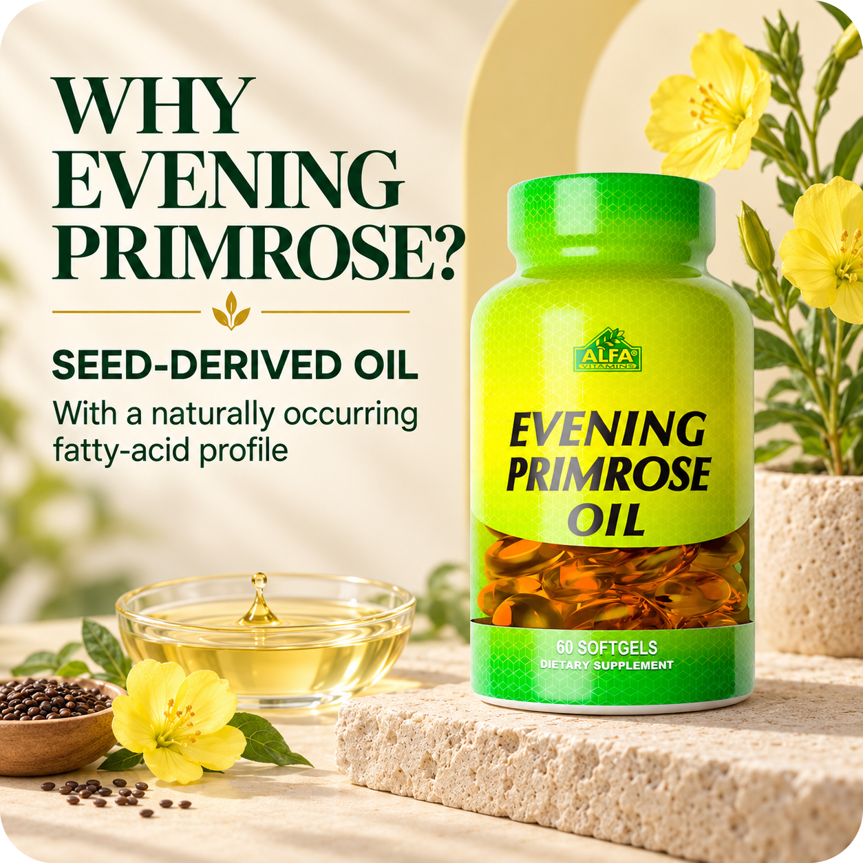 Evening primrose seed-derived oil and its naturally occurring fatty acid profile.
