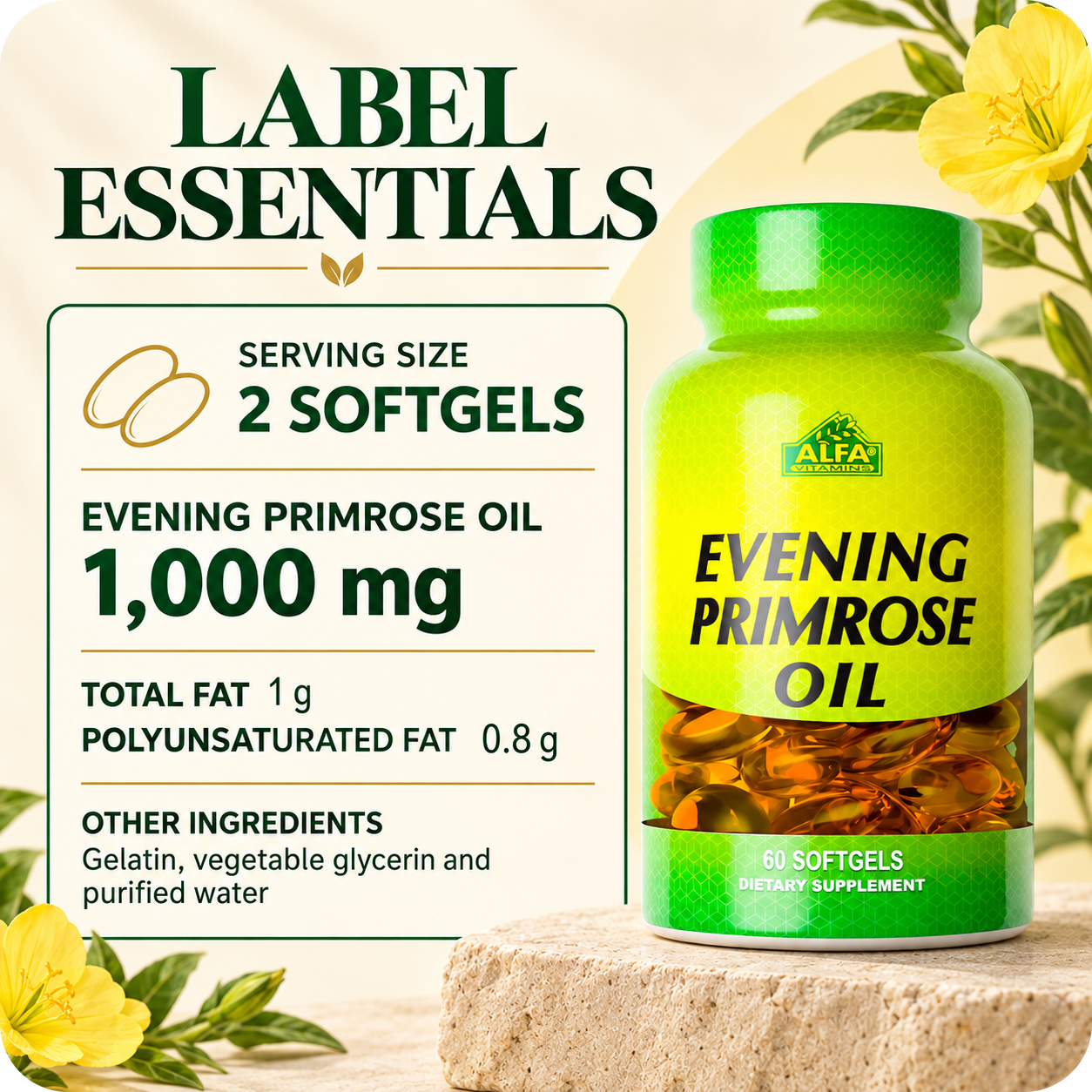 Existing Evening Primrose Oil label details for 60 softgels and 30 servings.