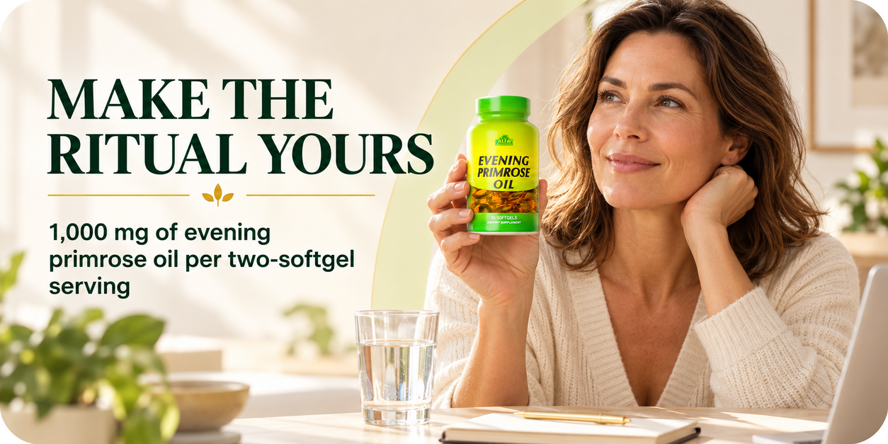 Woman holding Alfa Vitamins Evening Primrose Oil beside a glass of water