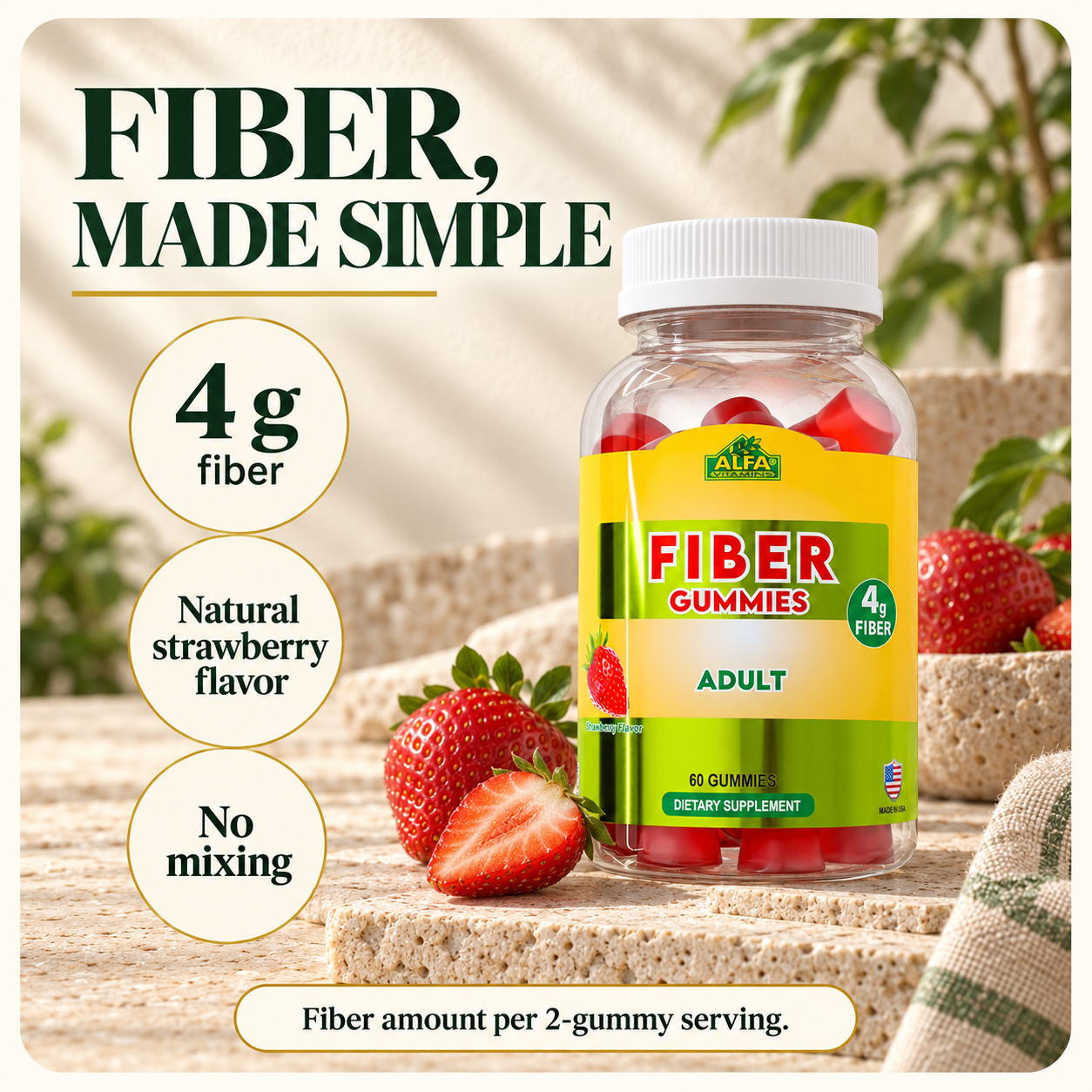 Alfa Vitamins Fiber Gummies, natural strawberry flavor — benefits.