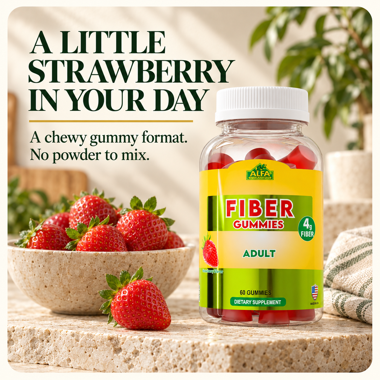 Alfa Vitamins Fiber Gummies, natural strawberry flavor — format.