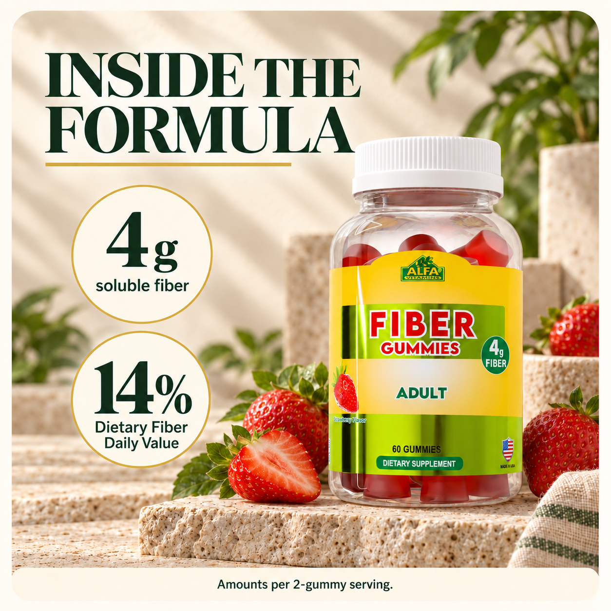 Alfa Vitamins Fiber Gummies, natural strawberry flavor — formula.