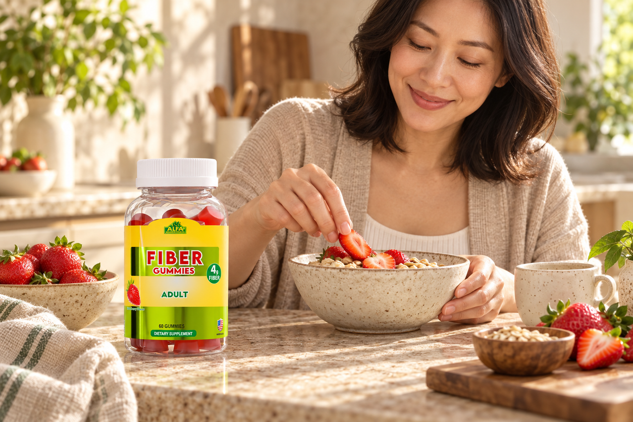 Alfa Vitamins Fiber Gummies, natural strawberry flavor — story.