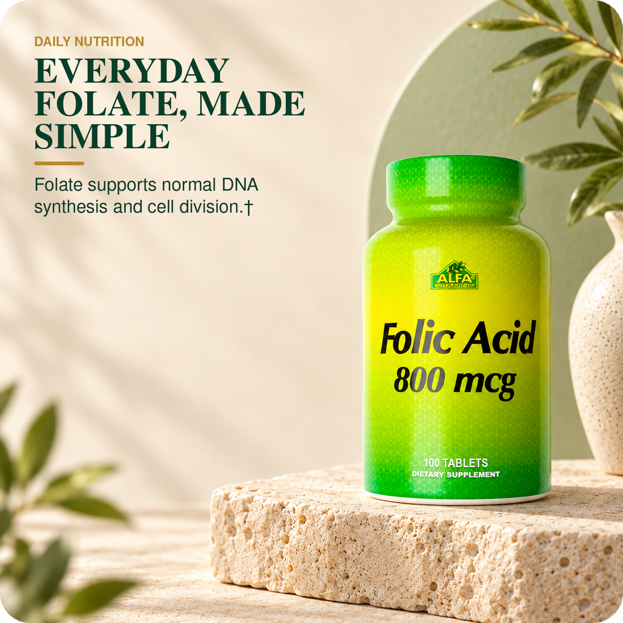 Folic Acid 800 mcg — existing 100-tablet product overview.
