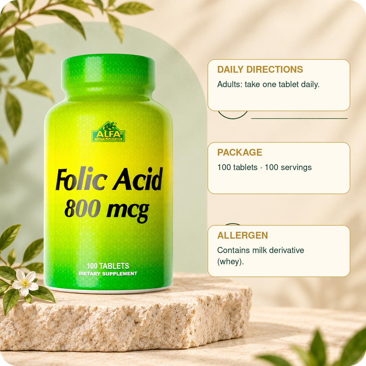 Folic Acid existing label essentials and directions.