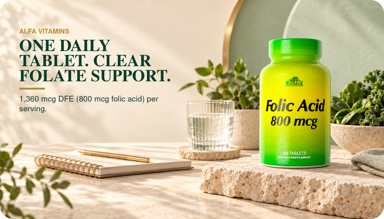 Alfa Vitamins Folic Acid 800 mcg bottle beside a planner, water and leafy greens