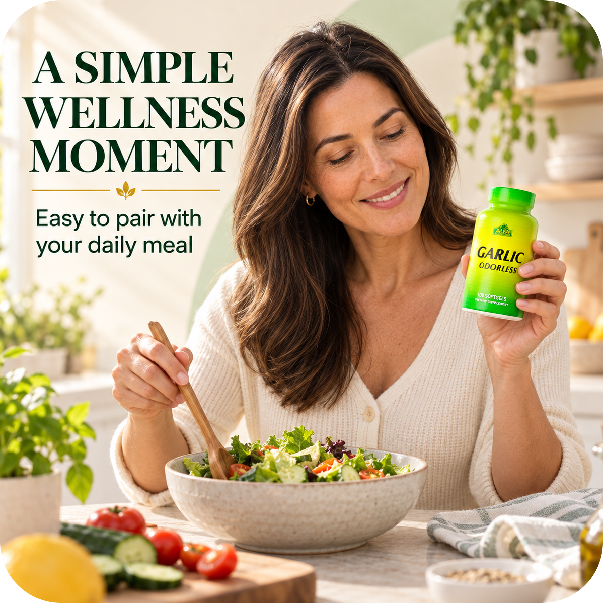 Woman holding Alfa Garlic Odorless in a natural kitchen routine.